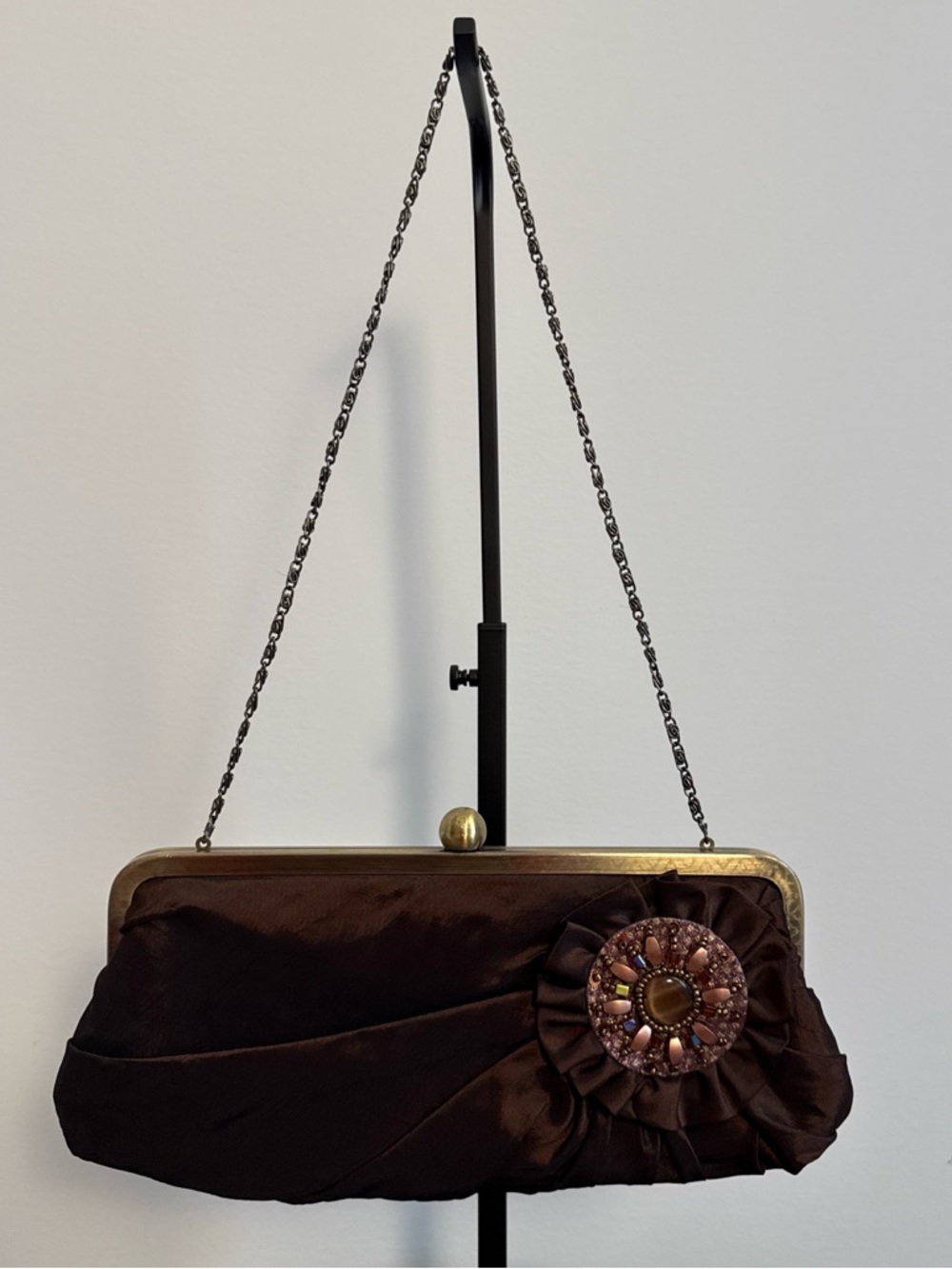 Elegant Brown Satin Evening Clutch with Embellished Flower